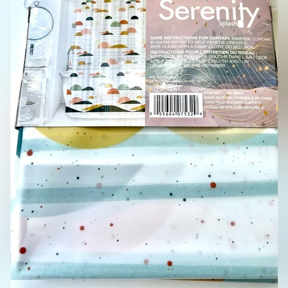 Serenity Splash Geometric Peva Shower Curtain Golden Yellow Blue Rust Red Spa - Picture 5 of 8